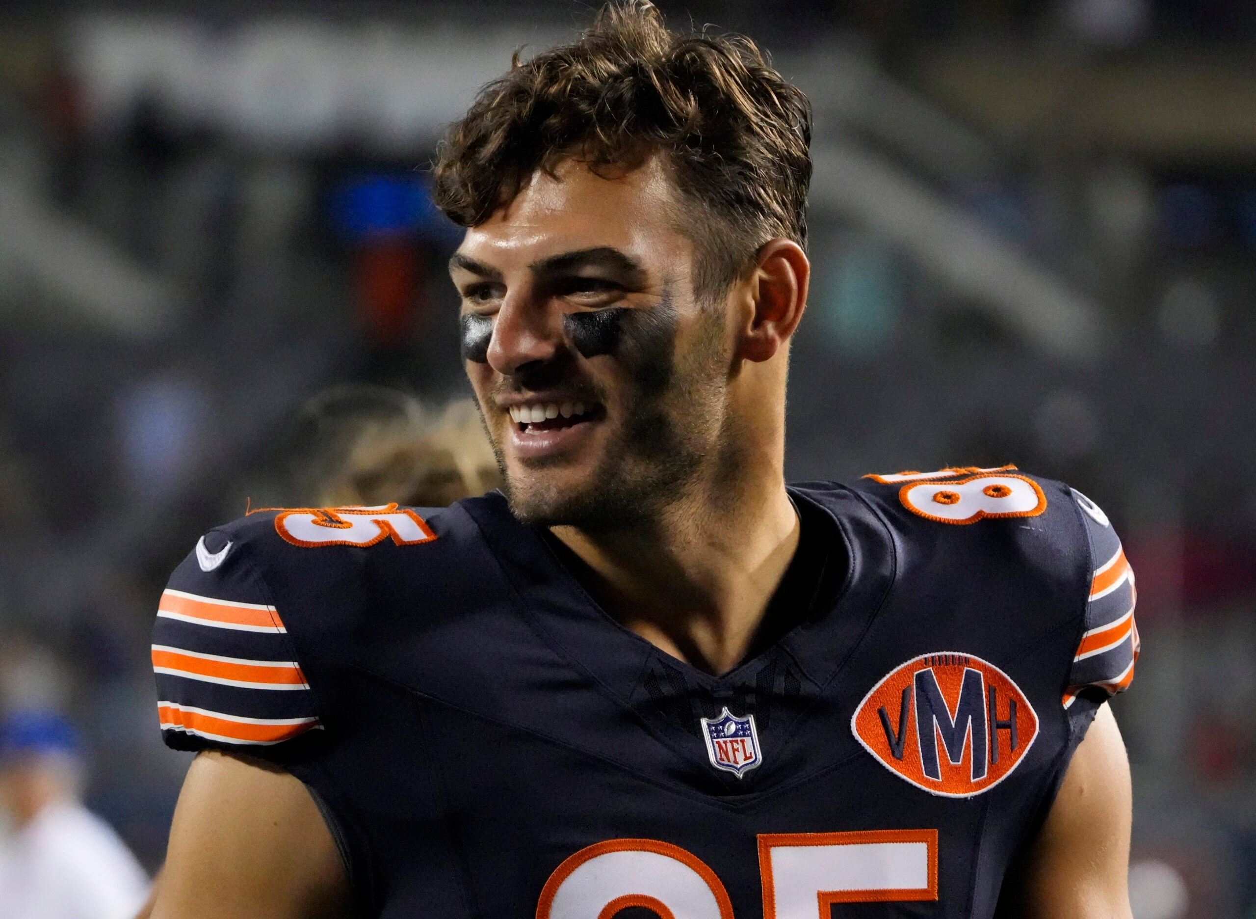 Aug 17, 2025; Chicago, Illinois, USA; Chicago Bears tight end Cole Kmet (85) after the game against the Buffalo Bills at Soldier Field.