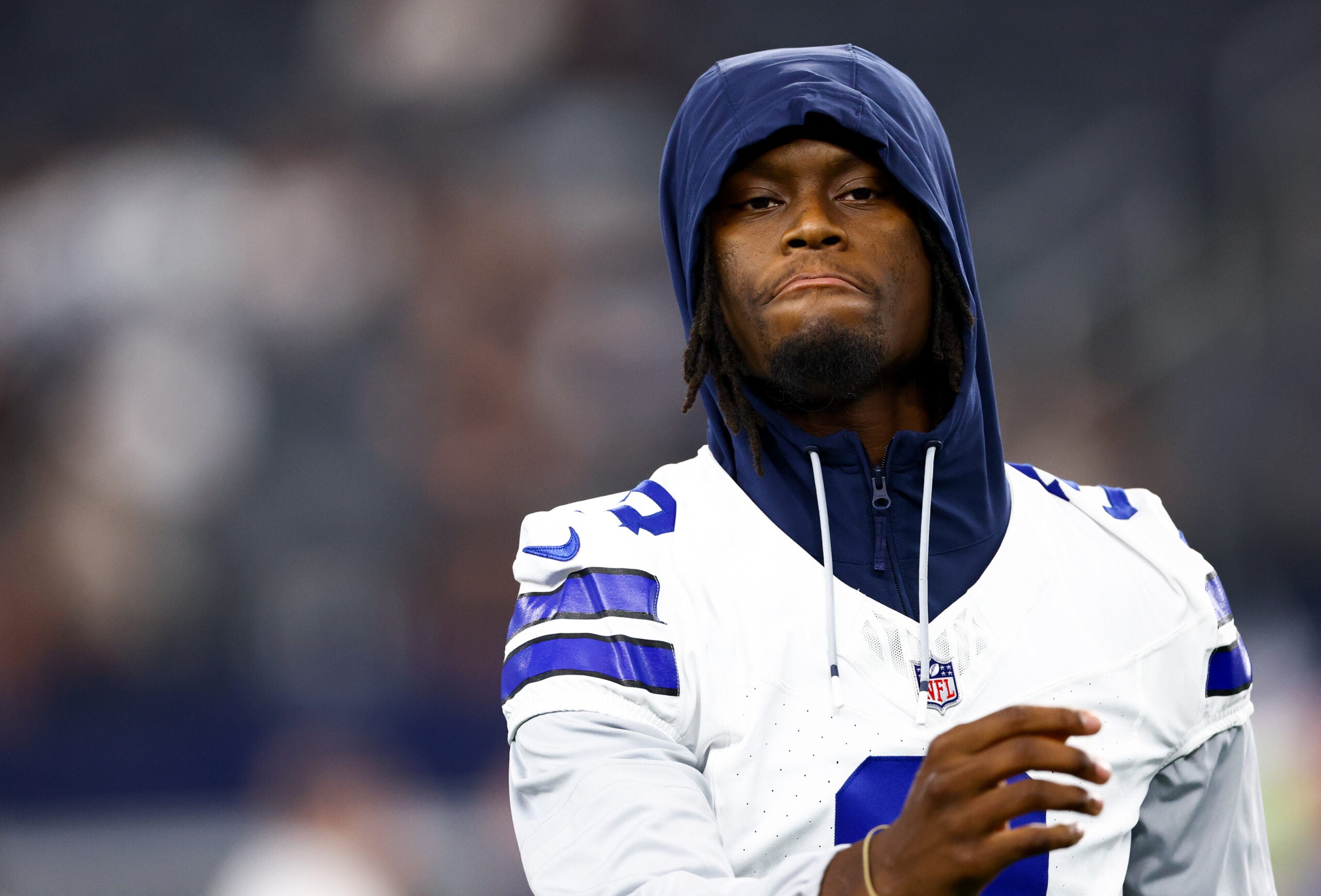 Aug 22, 2025; Arlington, Texas, USA; Dallas Cowboys wide receiver George Pickens (3) before the game against the Atlanta Falcons at AT&T Stadium.