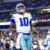 Aug 22, 2025; Arlington, Texas, USA; Dallas Cowboys quarterback Joe Milton III (10) reacts after scoring a touchdown during the first quarter against the Atlanta Falcons at AT&T Stadium.