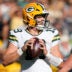 Aug 23, 2025; Green Bay, Wisconsin, USA; Green Bay Packers quarterback Taylor Elgersma (19) throws against the Seattle Seahawks during the second half at Lambeau Field.