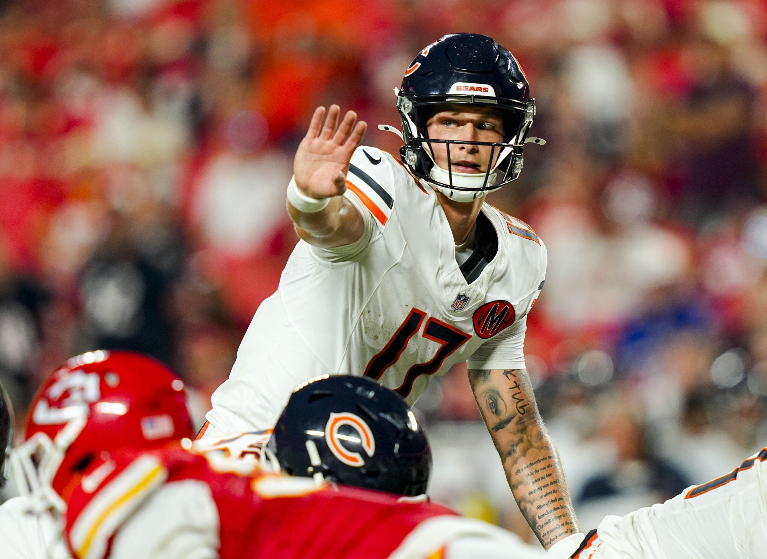 Aug 22, 2025; Kansas City, Missouri, USA; Chicago Bears quarterback Tyson Bagent (17) gestures before the snap during the second half against the Kansas City Chiefs at GEHA Field at Arrowhead Stadium.