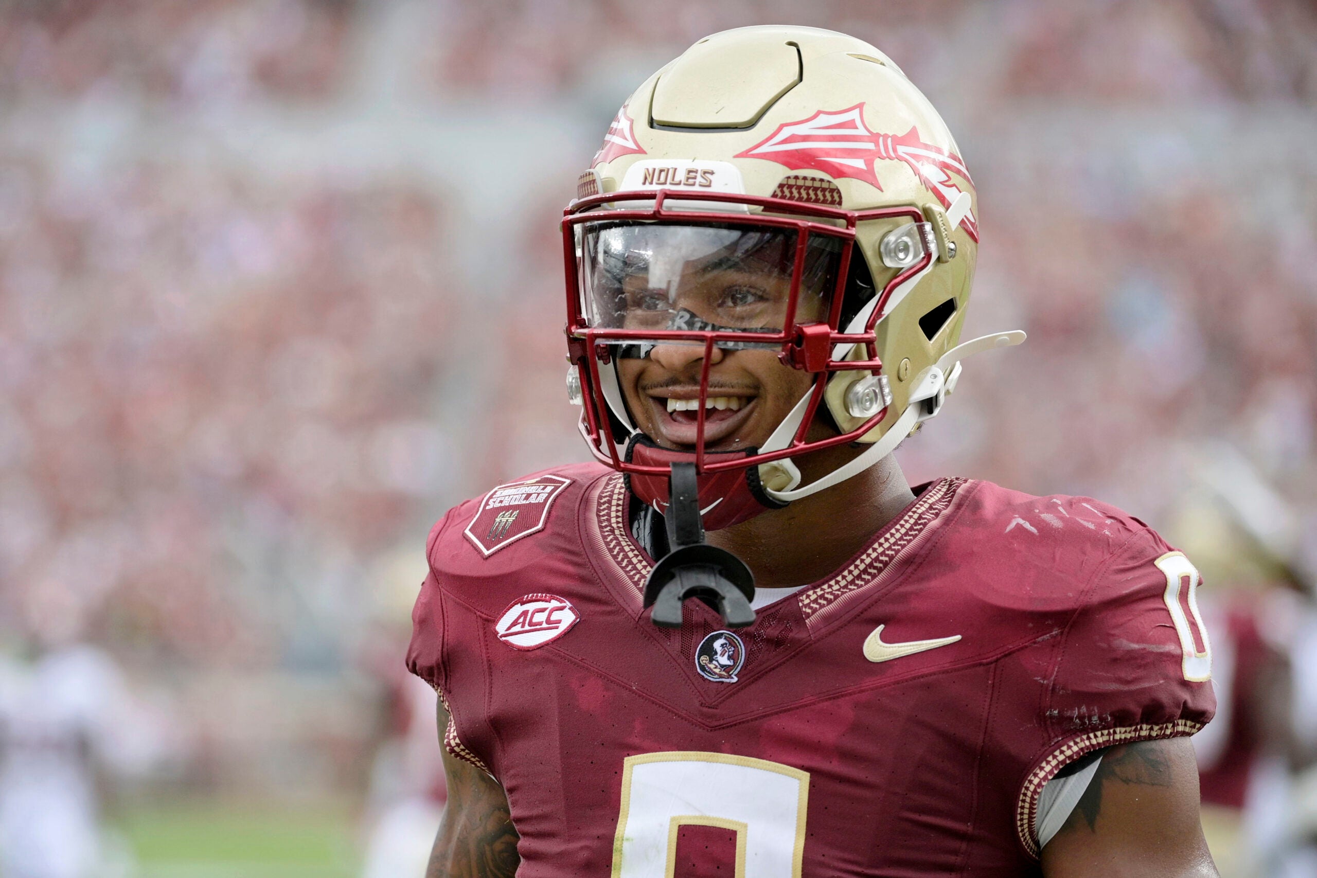 Aug 30, 2025; Tallahassee, Florida, USA; Florida State Seminoles defensive back Earl Little Jr. (0) looks on against the Alabama Crimson Tide during the first half at Doak S. Campbell Stadium.