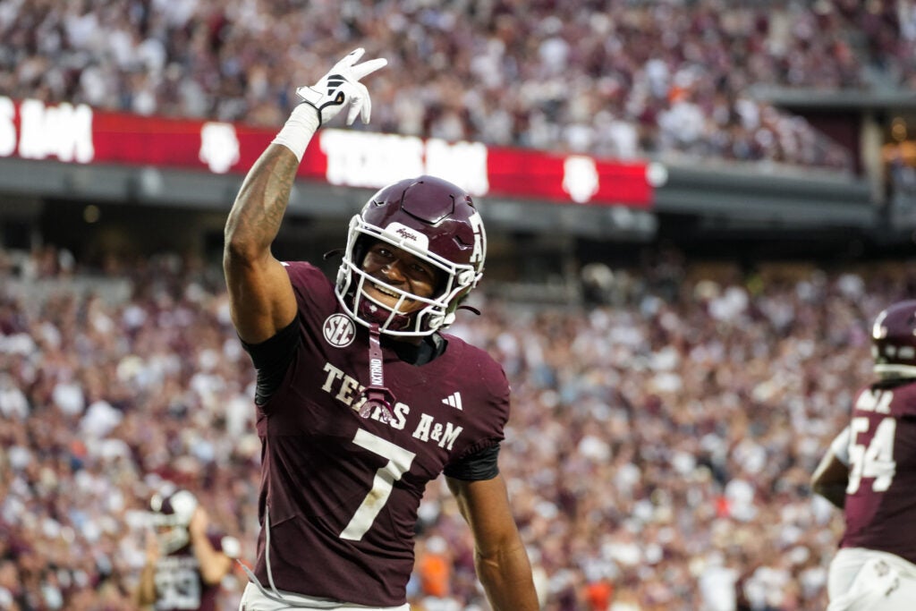 Aug 30, 2025; College Station, Texas, Texas A&M Aggies wide receiver KC Concepcion (7) celebrates after a touchdown in the second quarter against the UTSA Roadrunners USA; at Kyle Field.