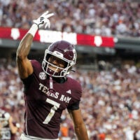 Aug 30, 2025; College Station, Texas, Texas A&M Aggies wide receiver KC Concepcion (7) celebrates after a touchdown in the second quarter against the UTSA Roadrunners USA; at Kyle Field.