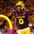 Aug 30, 2025; Tempe, Arizona, USA; Arizona State Sun Devils wide receiver Jordyn Tyson (0) celebrates his touchdown in the first quarter between Arizona State Sun Devils and Northern Arizona Lumberjacks at Mountain America Stadium.