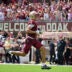 Sep 6, 2025; Tallahassee, Florida, USA; Florida State Seminoles wide receiver Duce Robinson (0) catches a touchdown during the first half against the East Texas A&M at Doak S. Campbell Stadium.