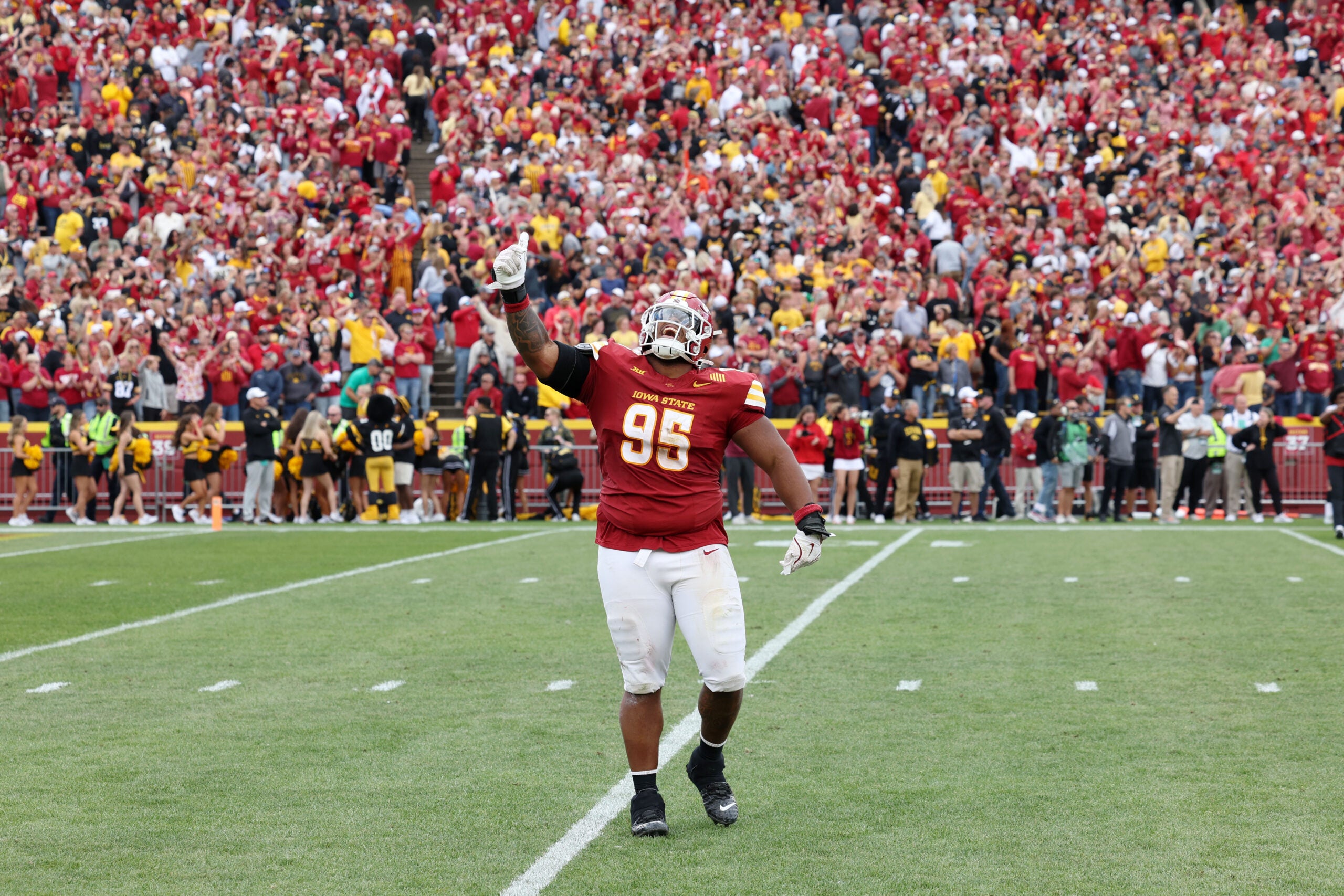 Sep 6, 2025; Ames, Iowa, USA; Iowa State Cyclones defensive lineman Domonique Orange (95) celebrates after a play against the Iowa Hawkeyes during the second half at Jack Trice Stadium.