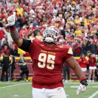 Sep 6, 2025; Ames, Iowa, USA; Iowa State Cyclones defensive lineman Domonique Orange (95) celebrates after a play against the Iowa Hawkeyes during the second half at Jack Trice Stadium.