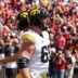 Sep 6, 2025; Ames, Iowa, USA; Iowa Hawkeyes offensive lineman Logan Jones (65) reacts after a play against the Iowa State Cyclones during the second half at Jack Trice Stadium.