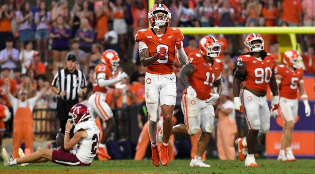 Clemson Tigers cornerback Avieon Terrell (8) celebrates after stopping a fake punt attempt by Troy Trojans Saturday, Sept. 6, 2025 during the NCAA football game at Memorial Stadium in Clemson, South Carolina.