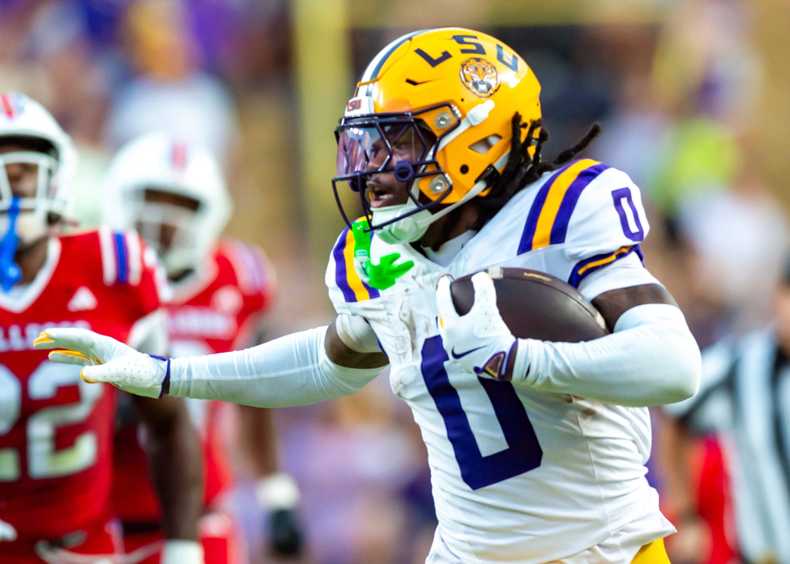 Receiver Zavion Thomas 0, LSU Tigers take on the Louisiana Tech. Sept 6, 2025; Baton Rouge, Louisiana, USA; at Tiger Stadium.