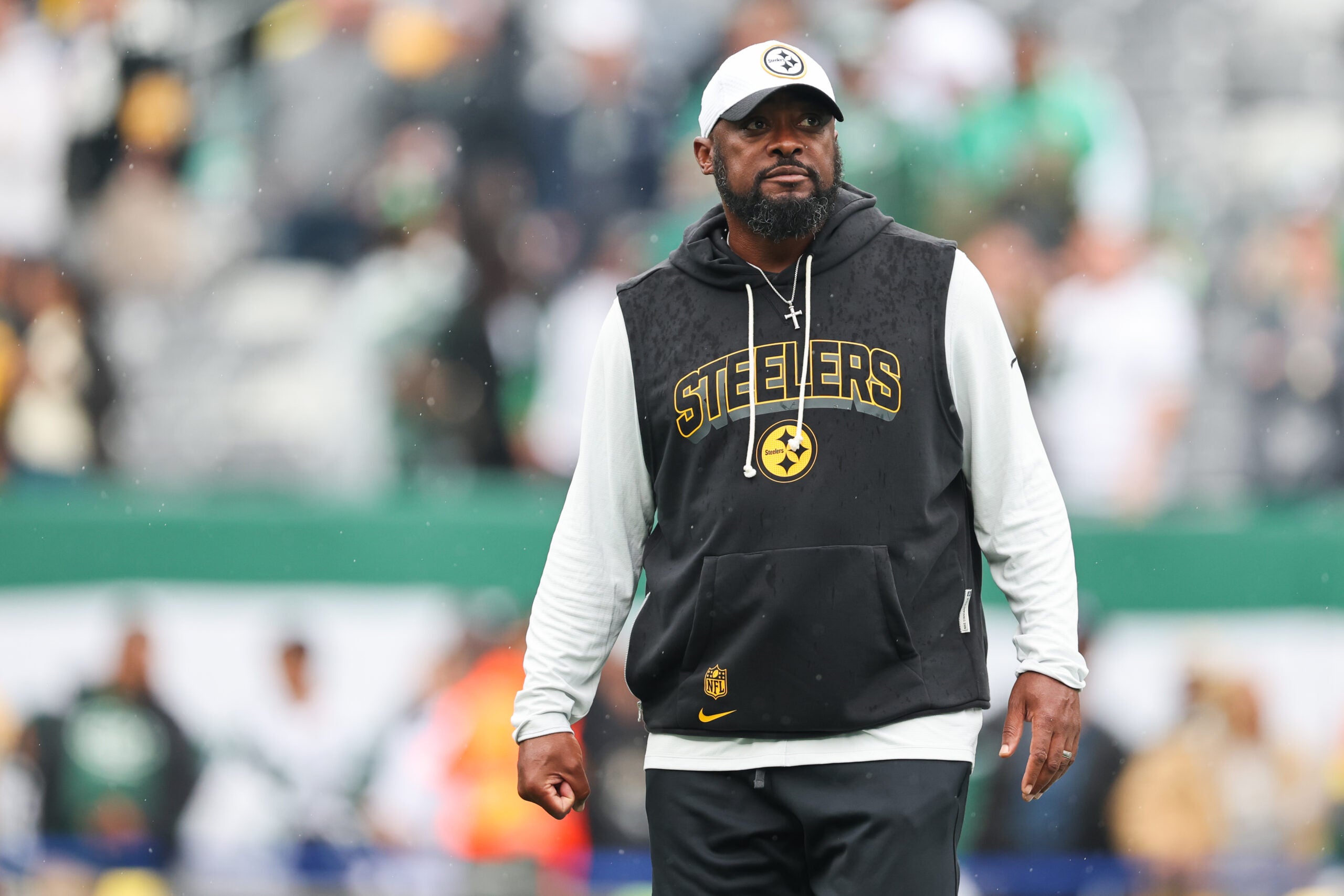 Sep 7, 2025; East Rutherford, New Jersey, USA; Pittsburgh Steelers head coach Mike Tomlin looks on before the game against the New York Jets at MetLife Stadium.