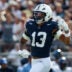 Sep 13, 2025; University Park, Pennsylvania, USA; Penn State Nittany Lions linebacker Tony Rojas (13) reacts following a sack on Villanova Wildcats quarterback Tanner Maddocks (3) during the second quarter at Beaver Stadium.