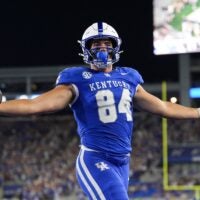 Kentucky Wildcats tight end Josh Kattus (84) celebrates his touchdown catch in the second quarter as the Wildcats are rolling in the football game against Eastern Michigan at Kroger Field in Lexington, Kentucky Saturday, Sept. 13, 2025.