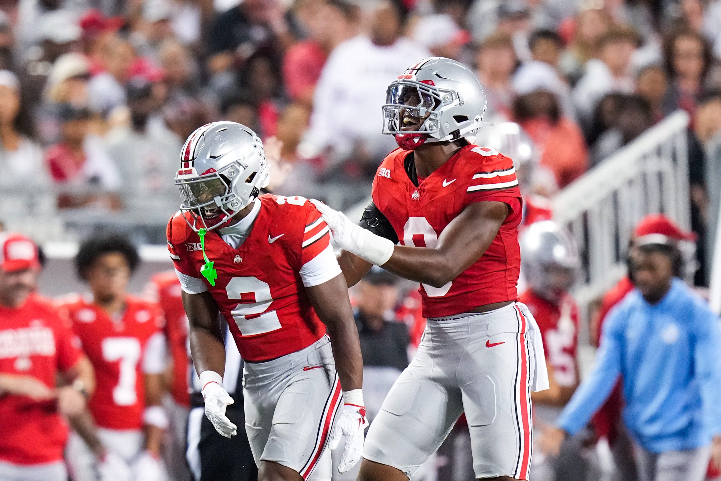 Ohio State Buckeyes safety Caleb Downs (2) and linebacker Sonny Styles (0) celebrate in the second half at the Ohio Stadium on Saturday, Sept. 13, 2025 in Columbus, Ohio.