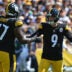 Sep 14, 2025; Pittsburgh, Pennsylvania, USA; Pittsburgh Steelers place kicker Chris Boswell (9) celebrates a filed goal with offensive tackle Broderick Jones (77) against the Seattle Seahawks during the first quarter at Acrisure Stadium.