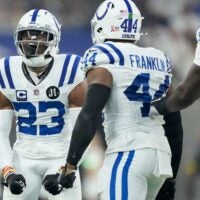 Indianapolis Colts cornerback Kenny Moore II (23) reacts after taking down Denver Broncos wide receiver Troy Franklin (11) on Sunday, Sept. 14, 2025, during a game at Lucas Oil Stadium in Indianapolis.