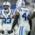 Indianapolis Colts cornerback Kenny Moore II (23) reacts after taking down Denver Broncos wide receiver Troy Franklin (11) on Sunday, Sept. 14, 2025, during a game at Lucas Oil Stadium in Indianapolis.