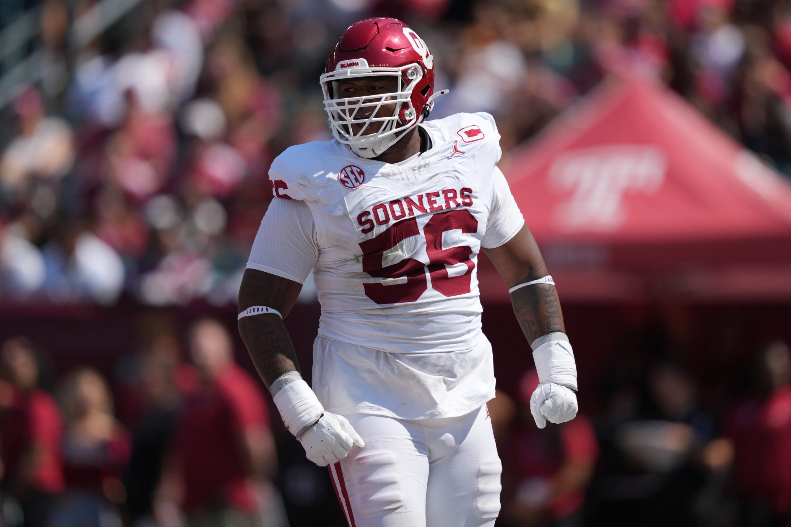 Sep 13, 2025; Philadelphia, Pennsylvania, USA; Oklahoma Sooners defensive lineman Gracen Halton (56) reacts against the Temple Owls in the first half at Lincoln Financial Field.