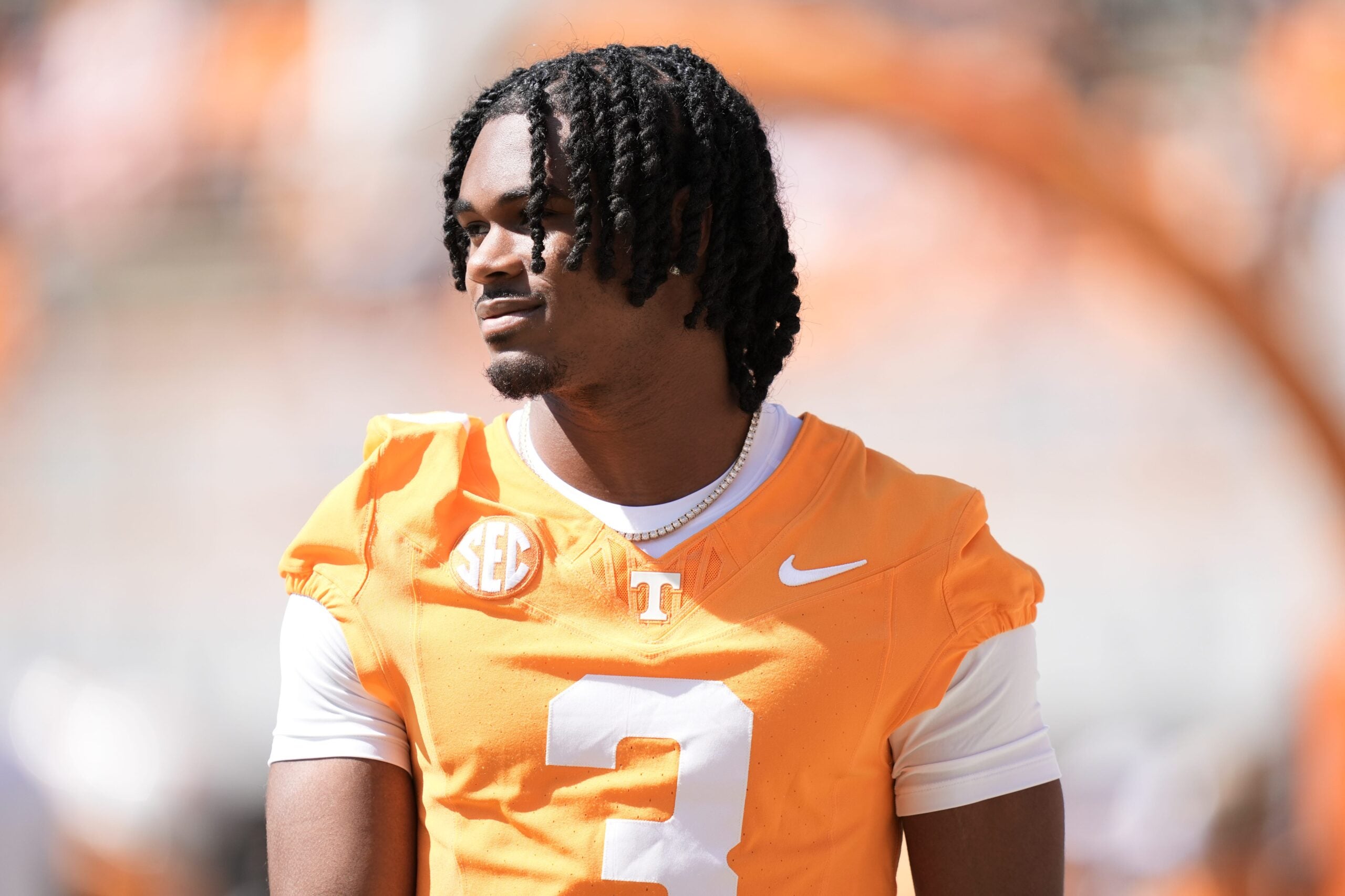 Tennessee defensive back Jermod McCoy (3) before a college football game between Tennessee and UAB at Neyland Stadium in Knoxville, Tenn., on Sept. 20, 2025.