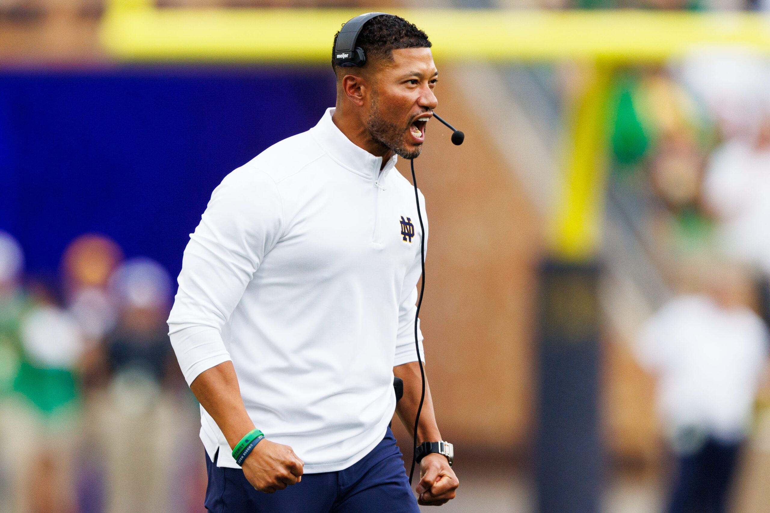 Notre Dame head coach Marcus Freeman celebrates after an interception by cornerback Christian Gray during the first half of a NCAA football game against Purdue at Notre Dame Stadium on Saturday, Sept. 20, 2025, in South Bend.