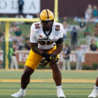 Sep 20, 2025; Waco, Texas, USA; Arizona State Sun Devils offensive lineman Max Iheanachor (58) in action against the Baylor Bears during the first half at McLane Stadium.