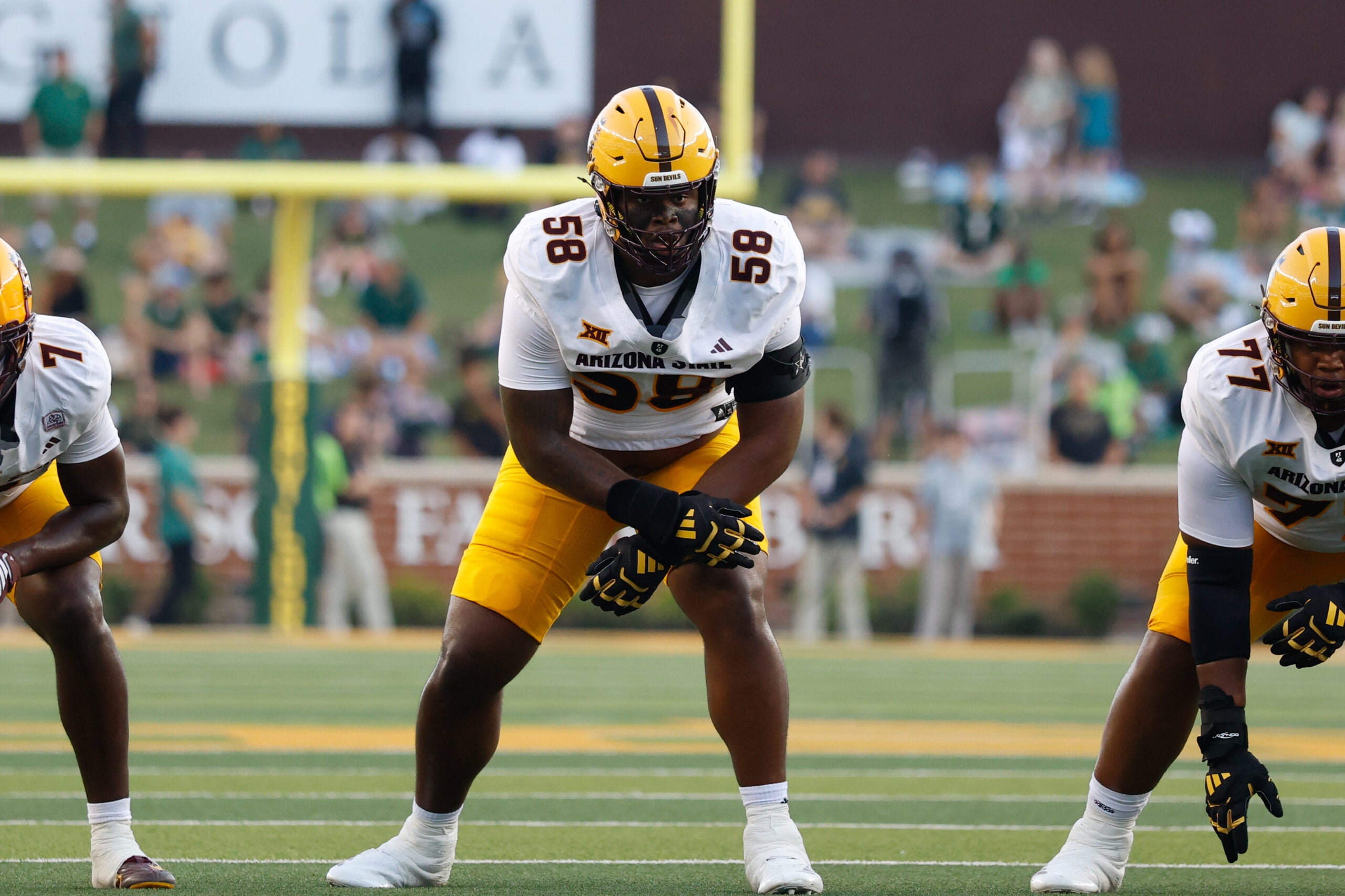 Sep 20, 2025; Waco, Texas, USA; Arizona State Sun Devils offensive lineman Max Iheanachor (58) in action against the Baylor Bears during the first half at McLane Stadium.