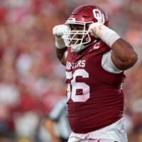 Oklahoma Sooners defensive lineman Gracen Halton (56) celebrates after a sack during a college football game between the University of Oklahoma Sooners (OU) and the Auburn Tigers at Gaylord Family Ð Oklahoma Memorial Stadium in Norman, Okla., Saturday, Sept. 20, 2025.
