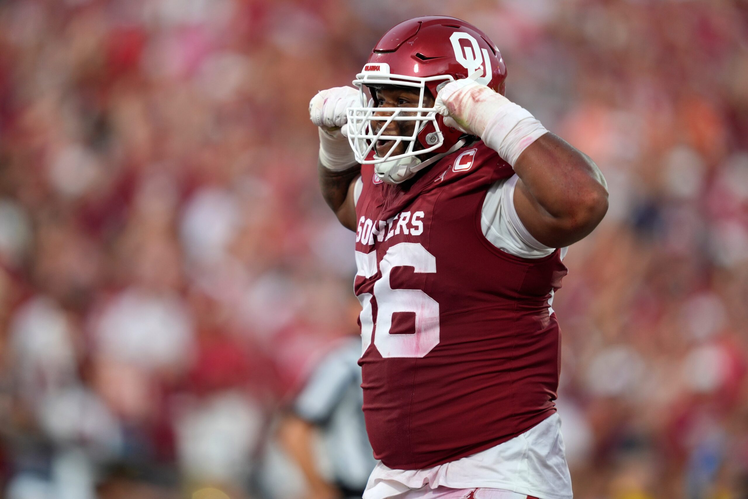 Oklahoma Sooners defensive lineman Gracen Halton (56) celebrates after a sack during a college football game between the University of Oklahoma Sooners (OU) and the Auburn Tigers at Gaylord Family Ð Oklahoma Memorial Stadium in Norman, Okla., Saturday, Sept. 20, 2025.