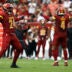 Sep 21, 2025; Landover, Maryland, USA; Washington Commanders outside linebacker Von Miller (24) celebrates with Commanders linebacker Frankie Luvu (4) after recording a sack against the Las Vegas Raiders during the third quarter at Northwest Stadium.