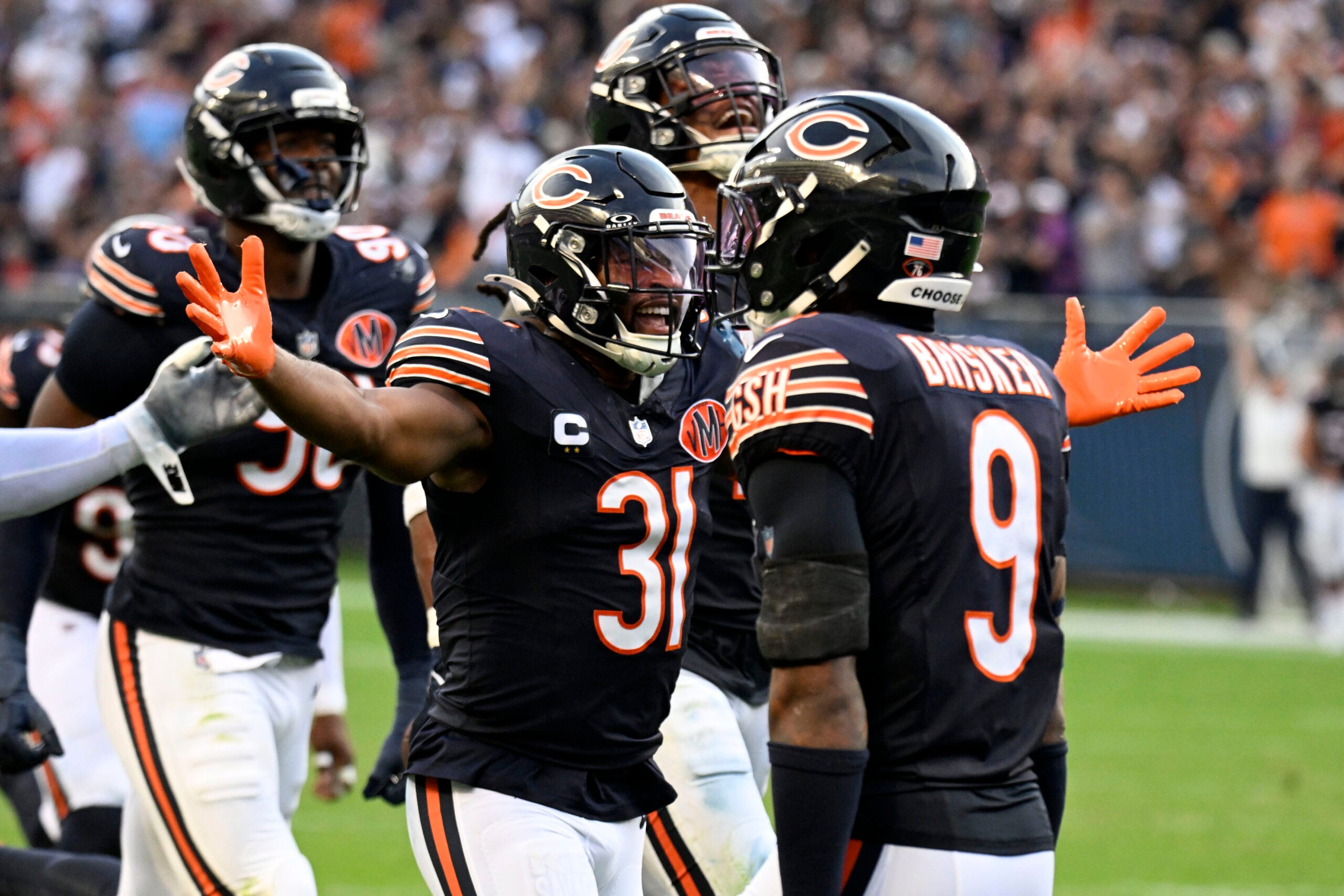 Sep 21, 2025; Chicago, Illinois, USA; Chicago Bears free safety Kevin Byard (31) reacts against the Dallas Cowboys during the second half at Soldier Field.