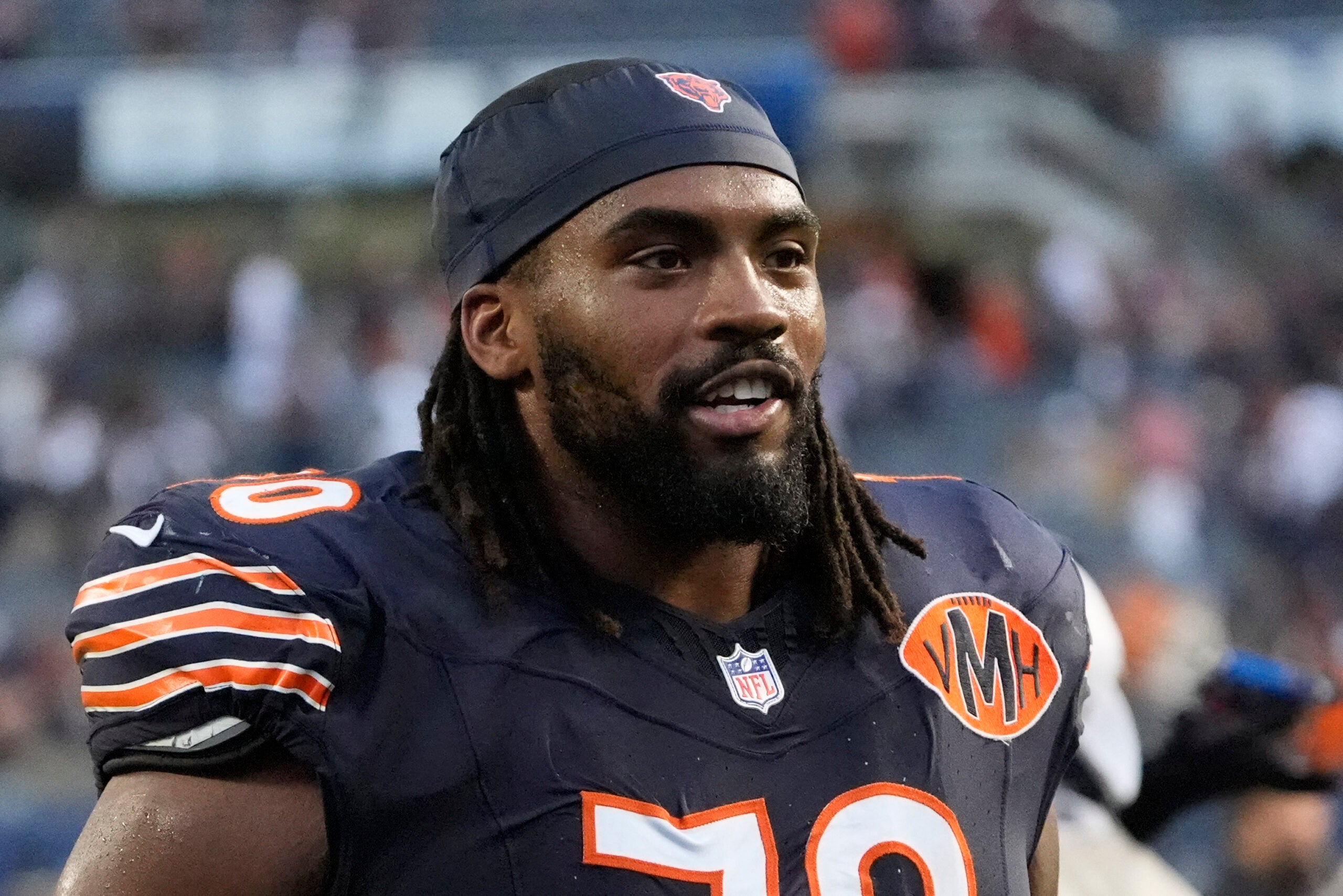 Sep 21, 2025; Chicago, Illinois, USA; Chicago Bears offensive tackle Braxton Jones (70) after the game against the Dallas Cowboys at Soldier Field.