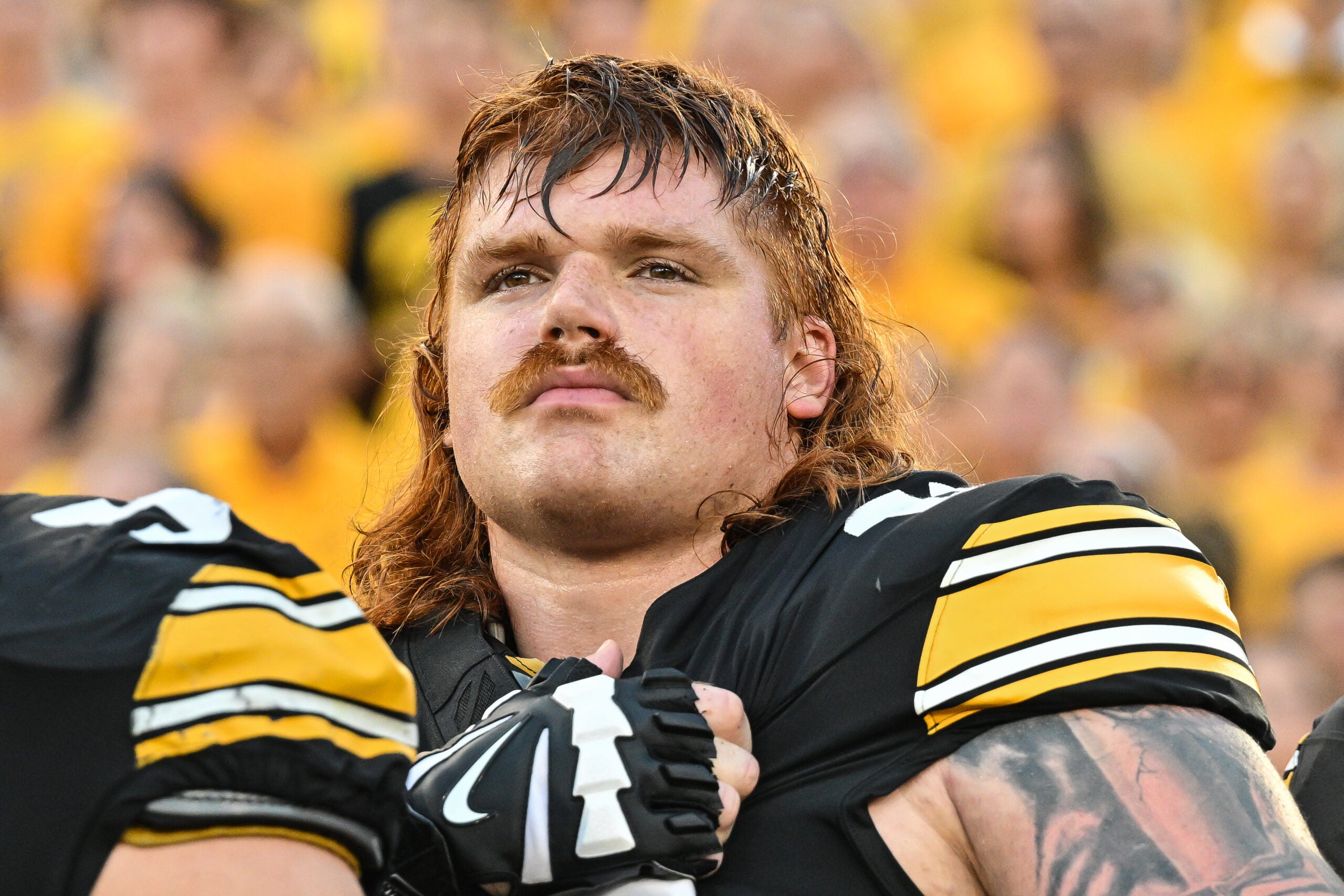 Sep 13, 2025; Iowa City, Iowa, USA; Iowa Hawkeyes offensive lineman Gennings Dunker (67) looks on before the game against the Massachusetts Minutemen at Kinnick Stadium.