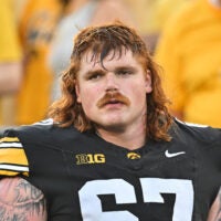 Sep 13, 2025; Iowa City, Iowa, USA; Iowa Hawkeyes offensive lineman Gennings Dunker (67) looks on before the game against the Massachusetts Minutemen at Kinnick Stadium.