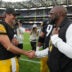 Sep 28, 2025; Dublin, Ireland; Pittsburgh Steelers quarterback Aaron Rodgers (8) and coach Mike Tomlin shake hands after an NFL International Series game against the Minnesota Vikings at Croke Park.