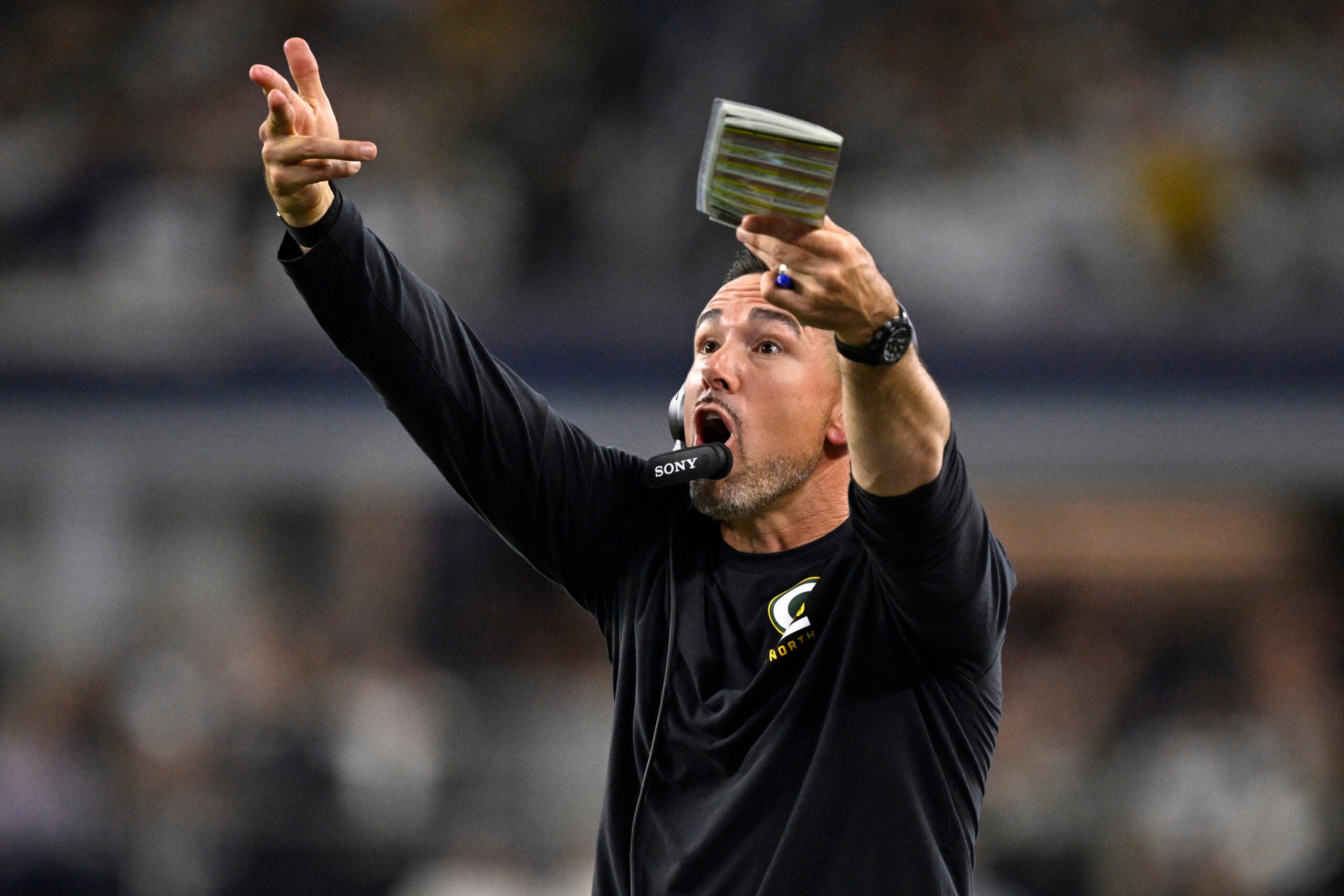 Sep 28, 2025; Arlington, Texas, USA; Green Bay Packers head coach Matt LaFleur reacts in the second half against the Dallas Cowboys at AT&T Stadium.