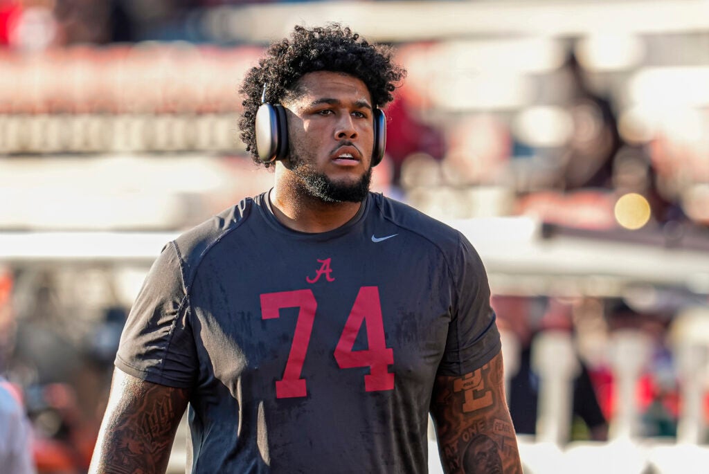 Sep 27, 2025; Athens, Georgia, USA; Alabama Crimson Tide offensive lineman Kadyn Proctor (74) on the field before the game against the Georgia Bulldogs at Sanford Stadium.