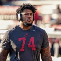 Sep 27, 2025; Athens, Georgia, USA; Alabama Crimson Tide offensive lineman Kadyn Proctor (74) on the field before the game against the Georgia Bulldogs at Sanford Stadium.
