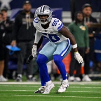 Sep 28, 2025; Arlington, Texas, USA; Dallas Cowboys linebacker Shemar James (50) lines up during the game between the Dallas Cowboys and the Green Bay Packers at AT&T Stadium.