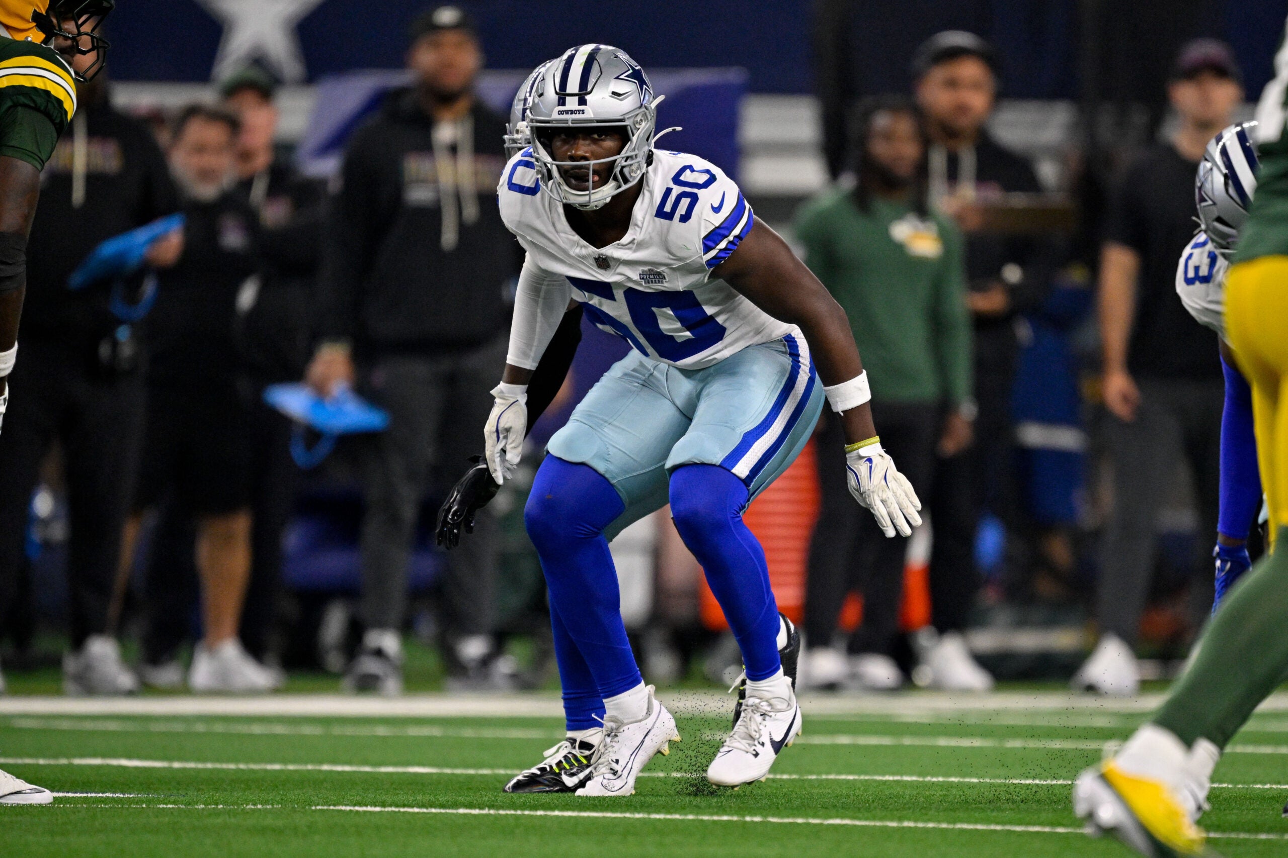 Sep 28, 2025; Arlington, Texas, USA; Dallas Cowboys linebacker Shemar James (50) lines up during the game between the Dallas Cowboys and the Green Bay Packers at AT&T Stadium.