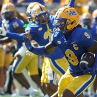 Oct 4, 2025; Pittsburgh, Pennsylvania, USA; Pittsburgh Panthers linebacker Kyle Louis (9) runs after fumble recovery against the Boston College Eagles during the second quarter at Acrisure Stadium.