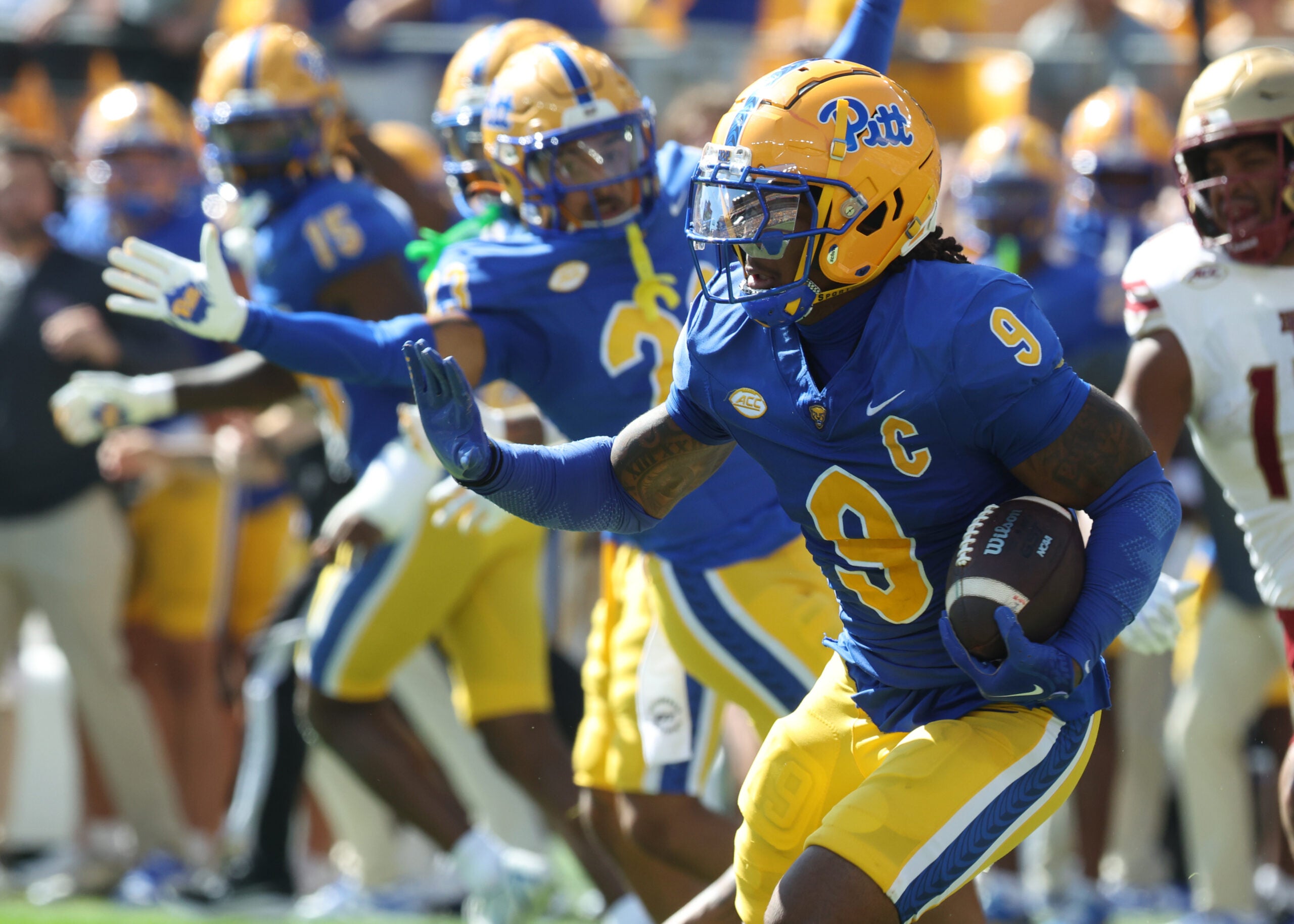 Oct 4, 2025; Pittsburgh, Pennsylvania, USA; Pittsburgh Panthers linebacker Kyle Louis (9) runs after fumble recovery against the Boston College Eagles during the second quarter at Acrisure Stadium.