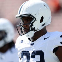 Oct 4, 2025; Pasadena, California, USA; Penn State Nittany Lions defensive end Dani Dennis-Sutton (33) warms up before the game against the UCLA Bruins at Rose Bowl.