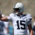 Oct 4, 2025; Pasadena, California, USA; Penn State Nittany Lions quarterback Drew Allar (15) warms up before the game against the UCLA Bruins at Rose Bowl.