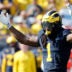 Oct 4, 2025; Ann Arbor, Michigan, USA; Michigan Wolverines linebacker Jaishawn Barham (1) reacts in the second half against the Wisconsin Badgers at Michigan Stadium.