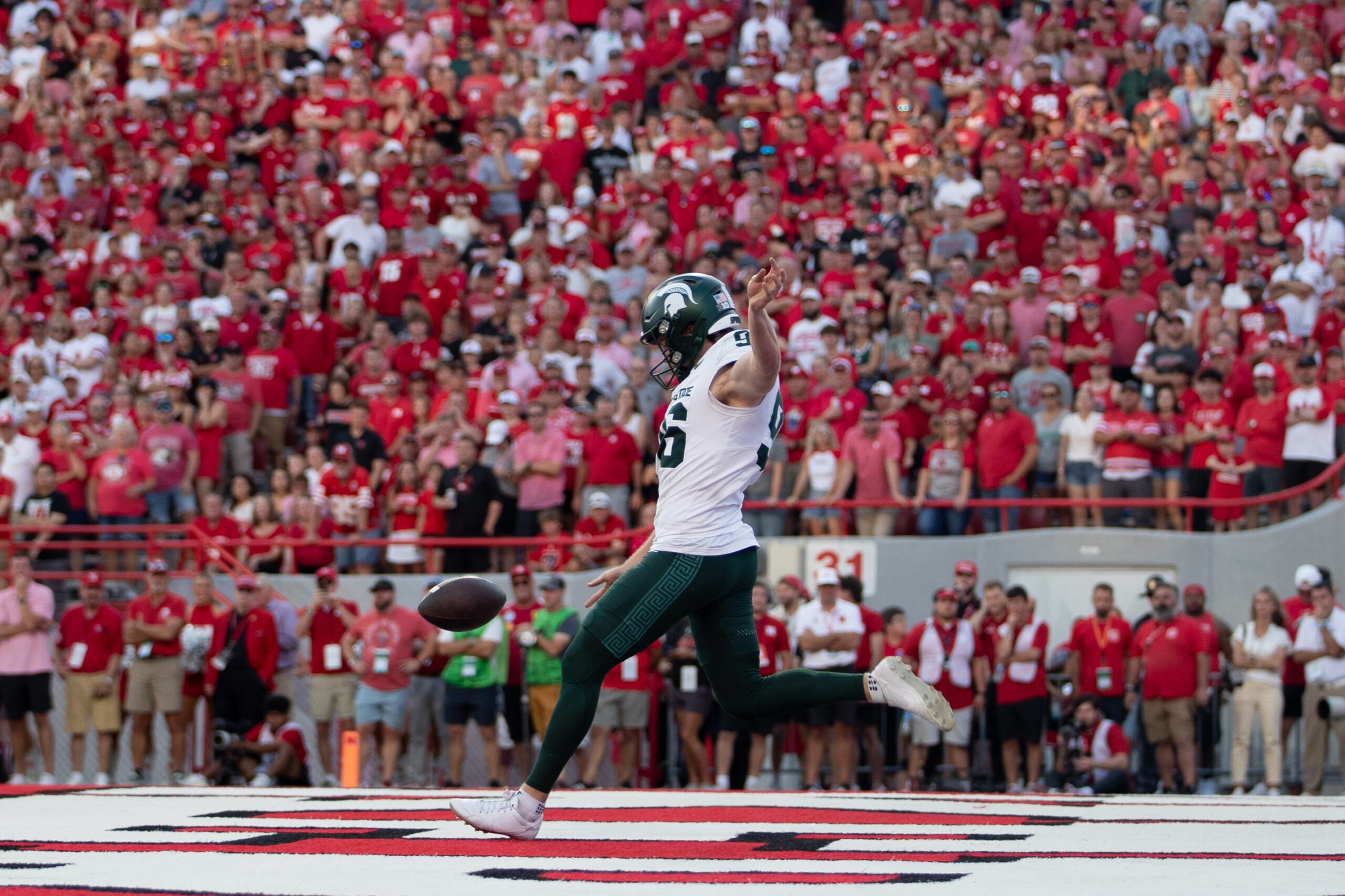 Oct 4, 2025; Lincoln, Nebraska, USA; Michigan State Spartans punter Ryan Eckley (96) punts from his own end zone during the game against Nebraska at Memorial Stadium.