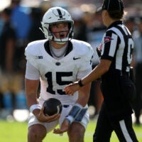 Oct 4, 2025; Pasadena, California, USA; Penn State Nittany Lions quarterback Drew Allar (15) reacts to a call during the fourth quarter against the UCLA Bruins at Rose Bowl.
