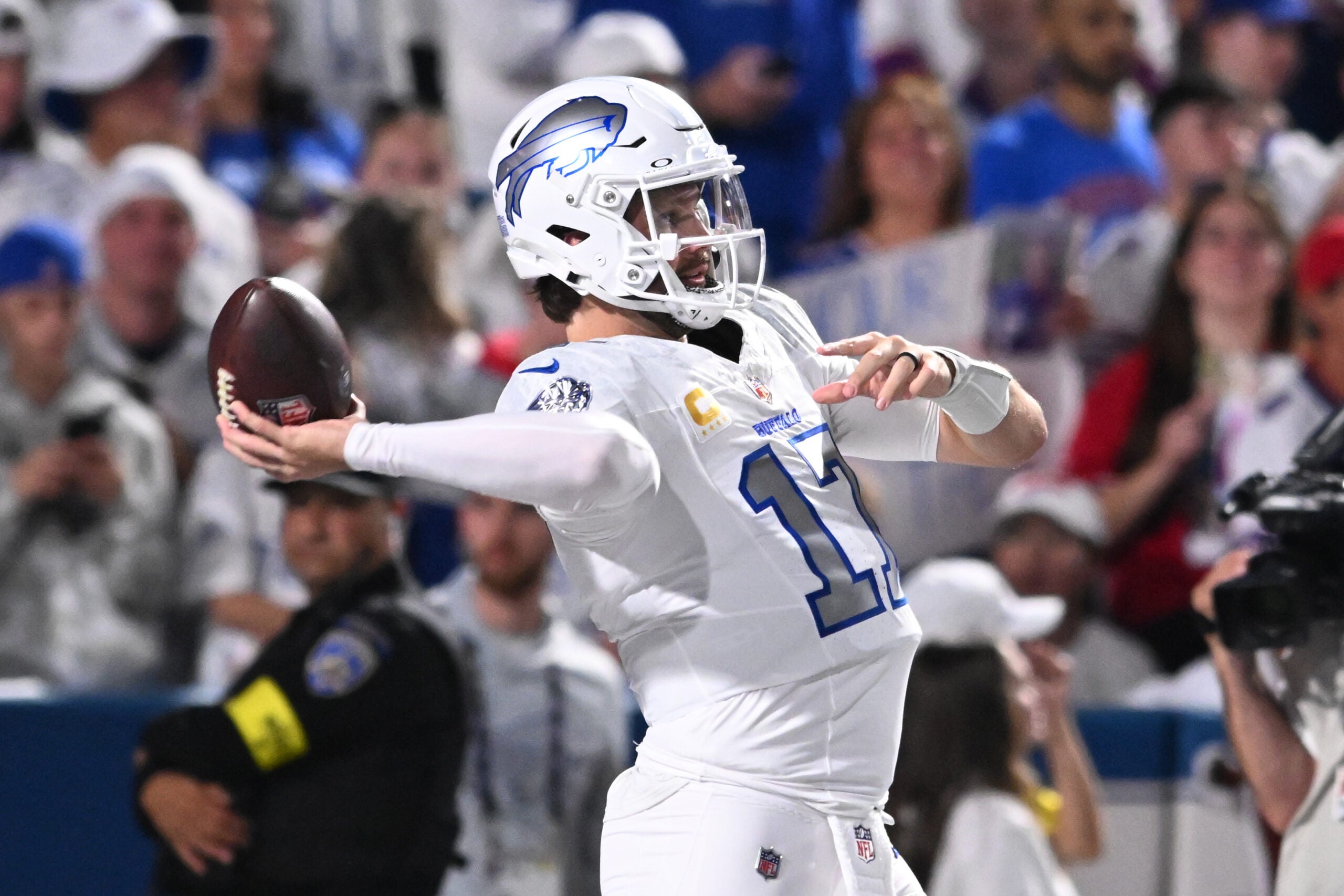 Oct 5, 2025; Orchard Park, New York, USA; Buffalo Bills quarterback Josh Allen (17) practices before the game at Highmark Stadium.