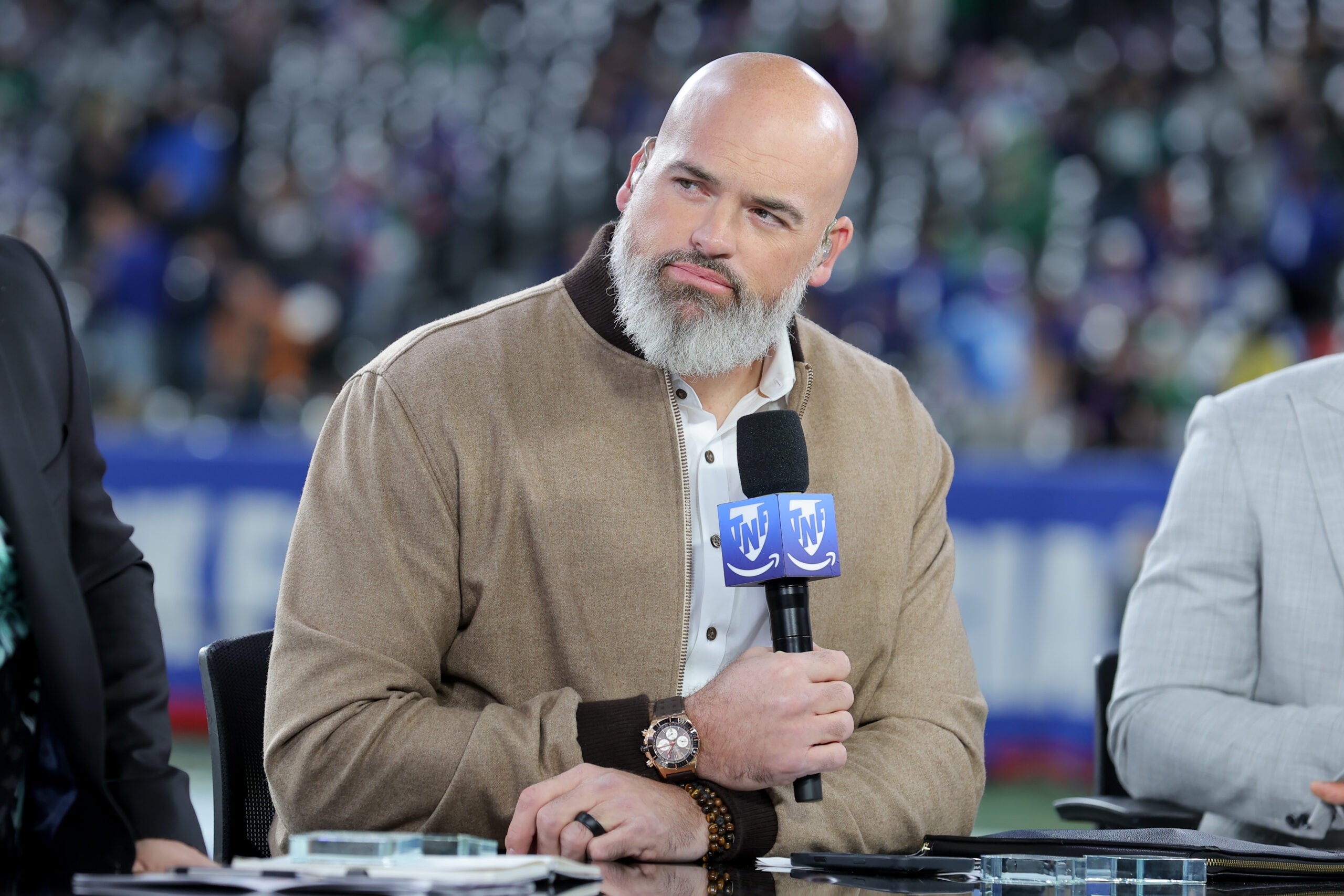 Oct 9, 2025; East Rutherford, New Jersey, USA; Andrew Whitworth is seen on the Thursday Night Football set before the game between the New York Giants and the Philadelphia Eagles at MetLife Stadium.