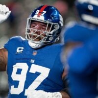 New York Giants defensive tackle Dexter Lawrence (97) gestures during a Thursday Night Football game between the New York Giants and the Philadelphia Eagles at MetLife Stadium in East Rutherford on Oct. 9, 2025.